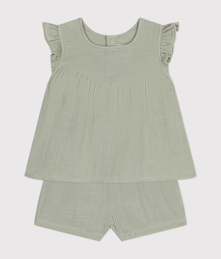 Completo blusa e shorts beb&egrave; in garza di cotone verde