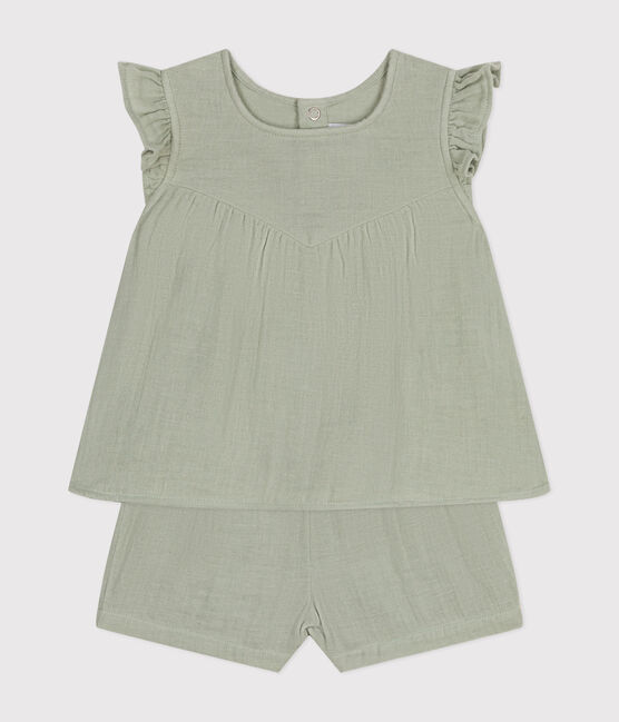 Completo blusa e shorts bebè in garza di cotone verde HERBIER