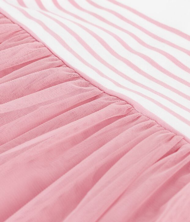 Abito a maniche corte in cotone e tulle con corpetto a righe neonata bianco/rosa