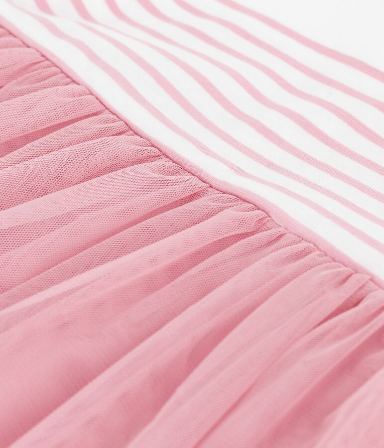 Abito a maniche corte in cotone e tulle con corpetto a righe neonata bianco/rosa