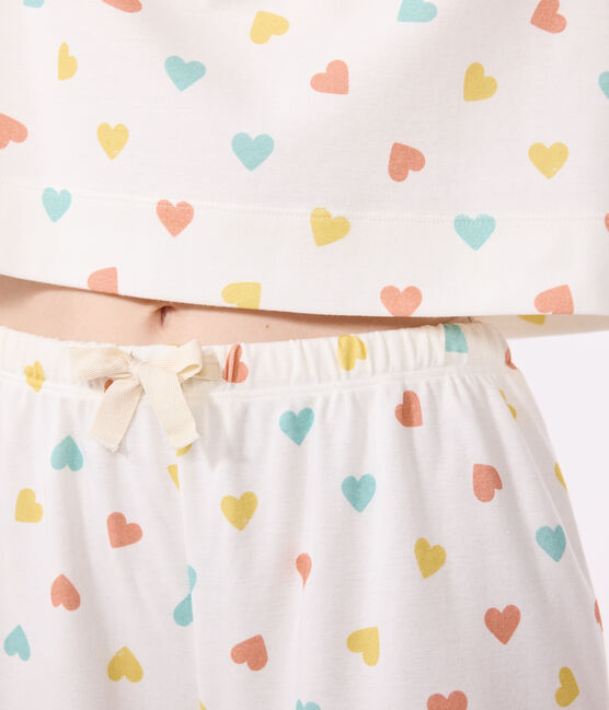 Pigiama corto in cotone con stampa a cuori donna bianco MARSHMALLOW/bianco MULTICO