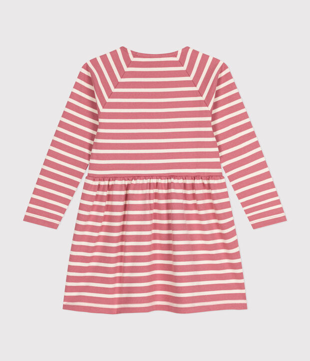 Abito a maniche lunghe in cotone spesso bambina rosa/ecru