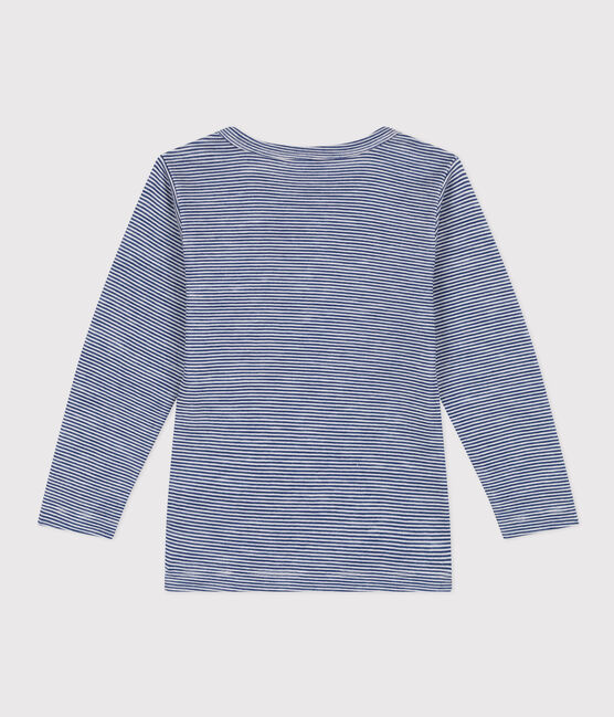 T-shirt a maniche lunghe rigata in lana e cotone da bambino blu MEDIEVAL/bianco MARSHMALLOW
