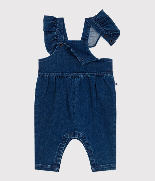 Salopette lunga in denim ed elastan con volant neonata blu