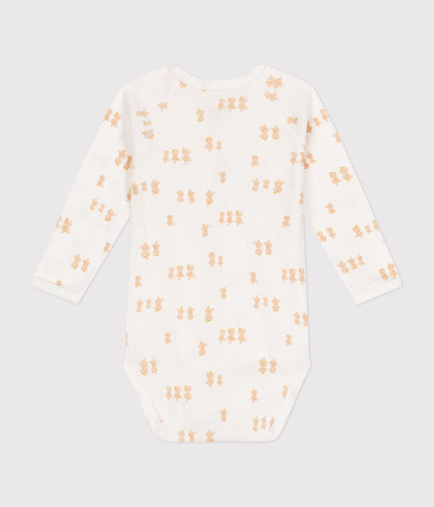 Body incrociato a maniche lunghe in cotone neonato bianco/beige