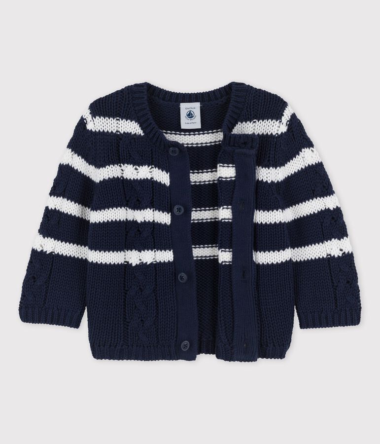 Cardigan beb&egrave; in tricot a trecce blu/bianco