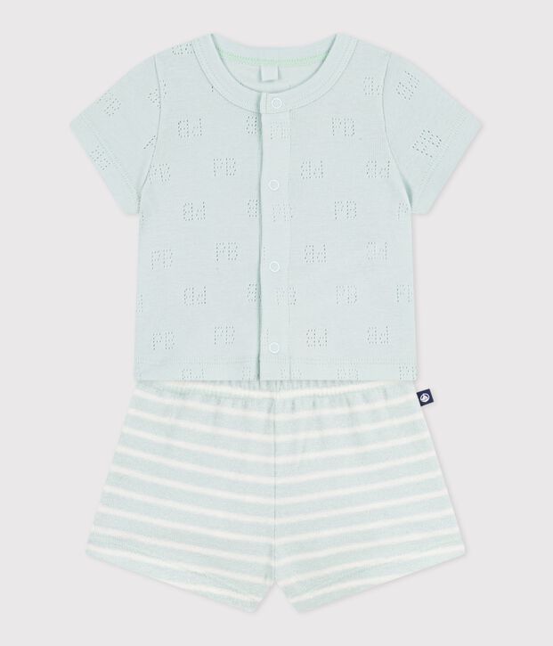 Set corto 2 pezzi in cotone con pantaloni a righe neonato blu/ecru