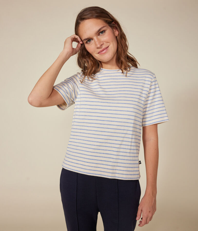 T-shirt Le Boxy in tubique donna ecru/blu