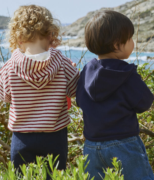 Felpa con cappuccio da beb&egrave; in spugna ecru/rosso