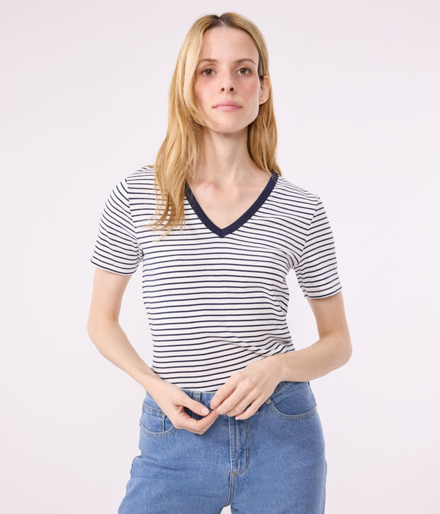 T-shirt L'Iconique scollo a V in cotone a righe donna bianco/blu