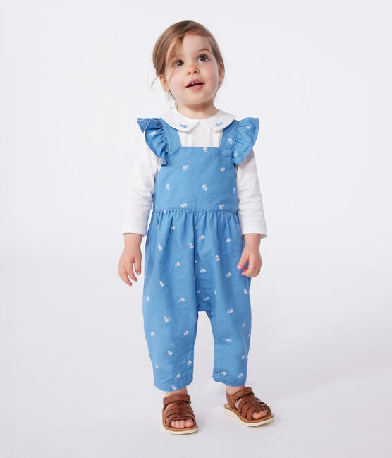 Salopette in cotone con fiori ricamati e gamba lunga neonato blu ALASKA/bianco MARSHMALLOW