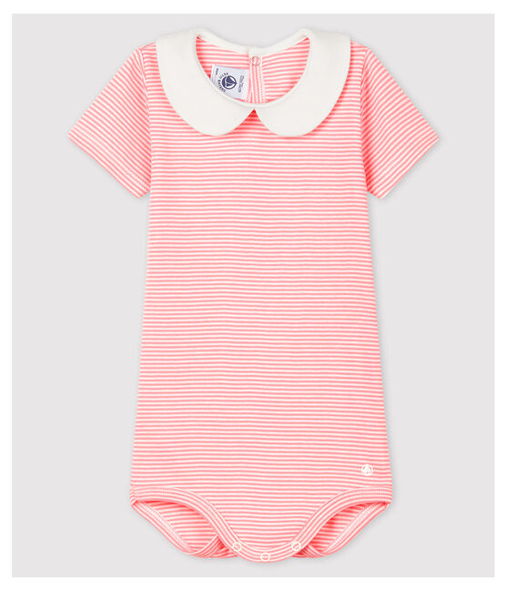 Body colletto alla collegiale in cotone bebè femmina rosa GRETEL/bianco MARSHMALLOW