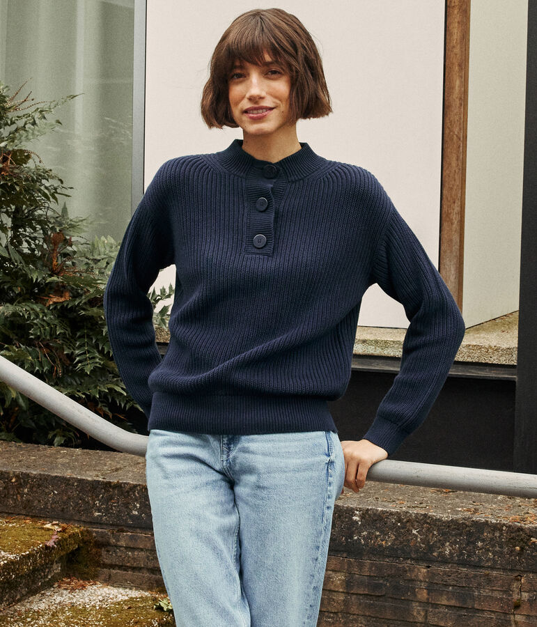 Maglione con bottoni in cotone a costa inglese blu