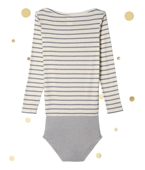 Body a maniche lunghe per donna. Petit bateau x Marie-Agnès Gillot beige COQUILLE/grigio SUBWAY