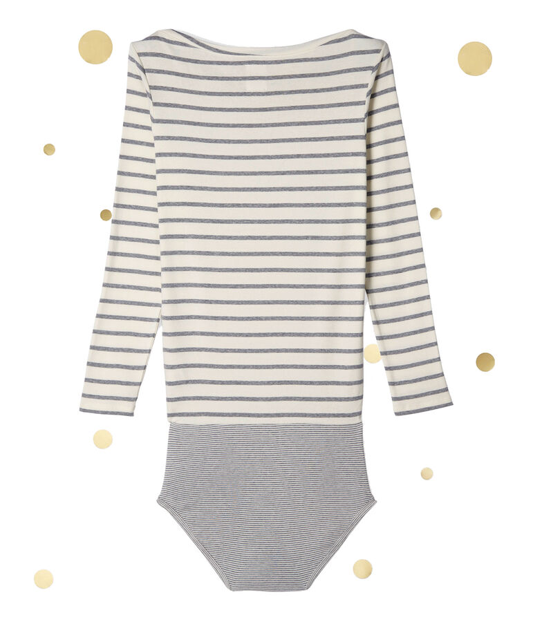 Body a maniche lunghe per donna. Petit bateau x Marie-Agn&egrave;s Gillot beige COQUILLE/grigio SUBWAY