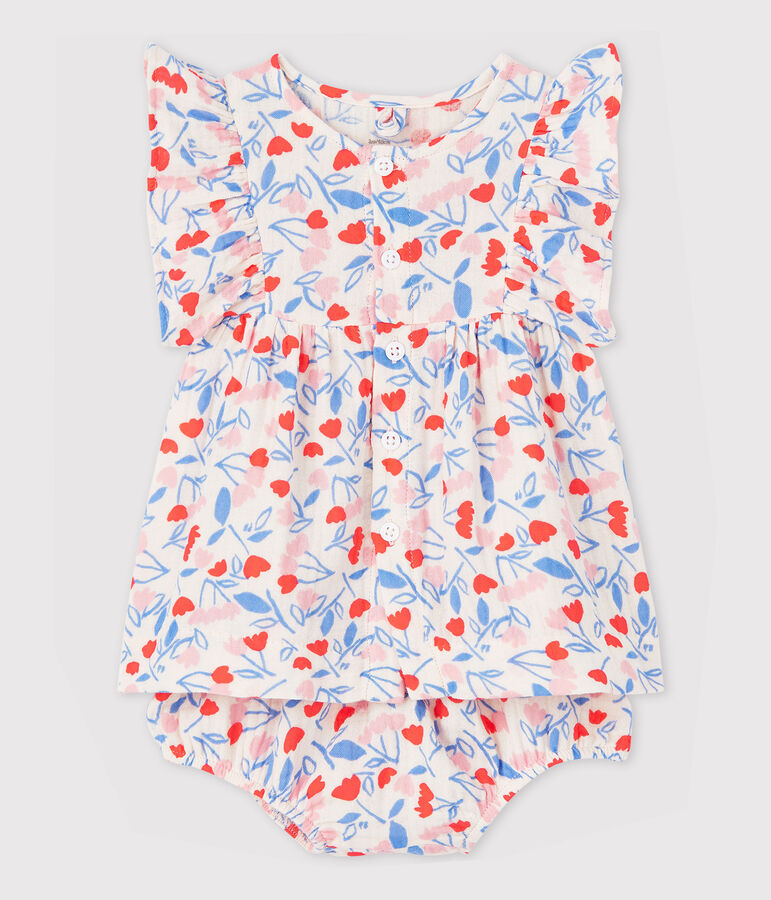 Abito senza maniche a fiori con bloomer beb&egrave; femmina in tessuto goffrato di cotone biologico rosa/multicolore