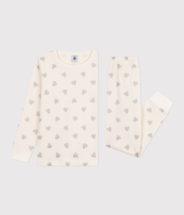 Pigiama in cotone con cuori argentati stampati bambina ecru/grigio