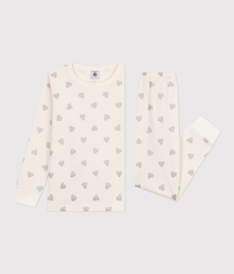 Pigiama in cotone con cuori argentati stampati bambina ecru/grigio