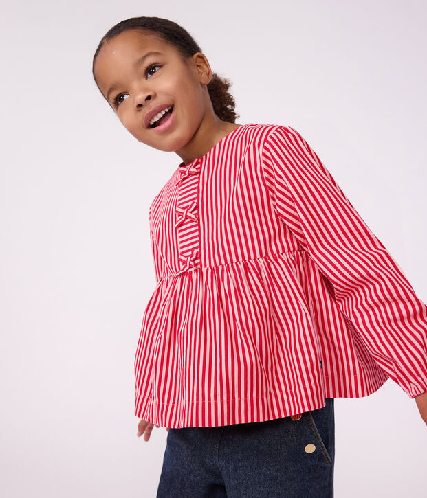Blusa a maniche lunghe in cotone a righe bambina rosa/rosa