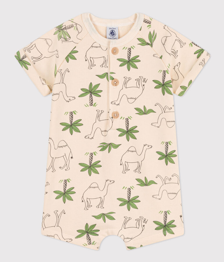 Tutina corta beb&egrave; in tessuto felpato stampato ecru/multicolore