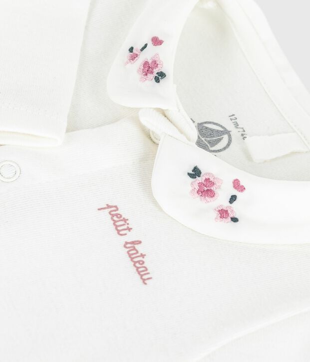 Body con colletto ricamato e scritta sul petto neonato bianco/rosa