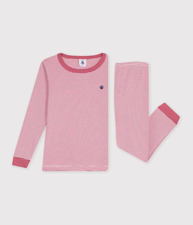 Pigiama molto aderente bambina in cotone a righe rosa/bianco
