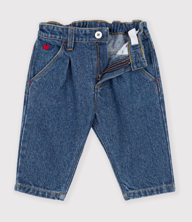 Pantaloni in denim tinta unita con cuore ricamato neonato blu
