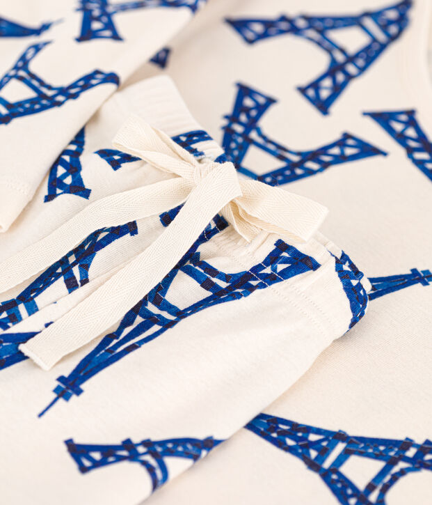 Pigiama donna corto in cotone motivo Parigi ecru/multicolore