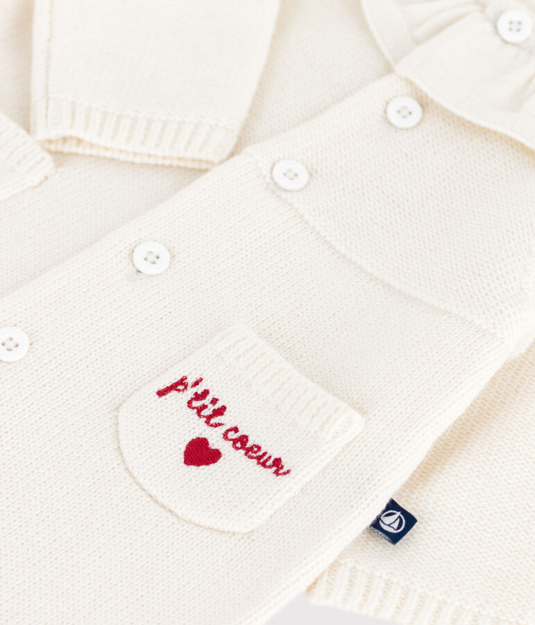 Tutina con colletto in maglia e ricamo P'tit C&oelig;ur neonata bianco