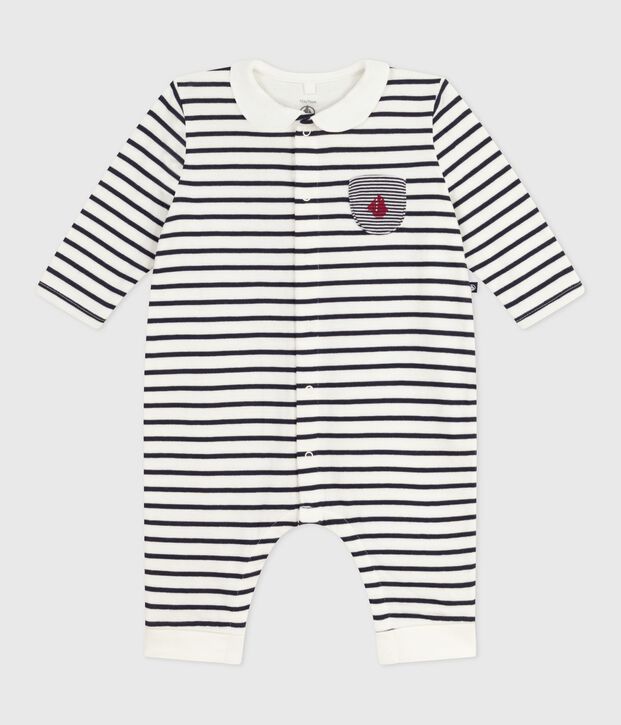 Tutina in cotone con stampa a righe marini&egrave;re e colletto neonato bianco/blu