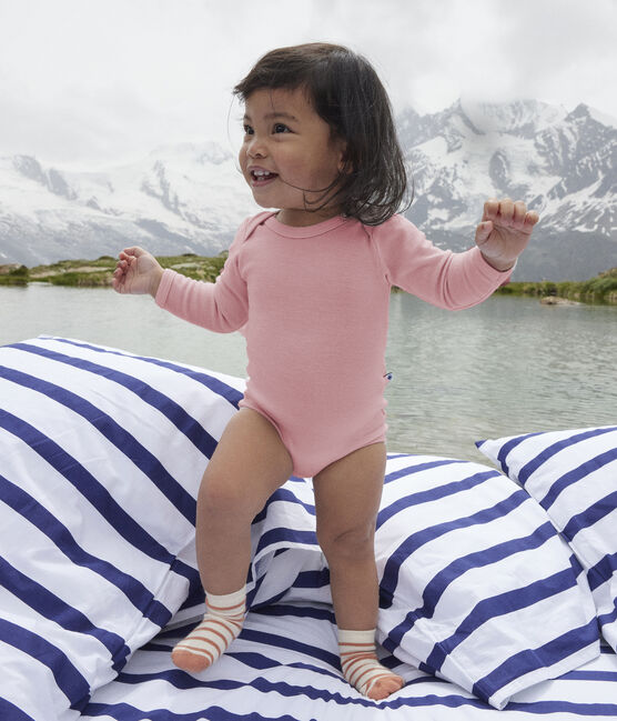 Body maniche lunghe a righe bebè in lana e cotone rosa SALINE