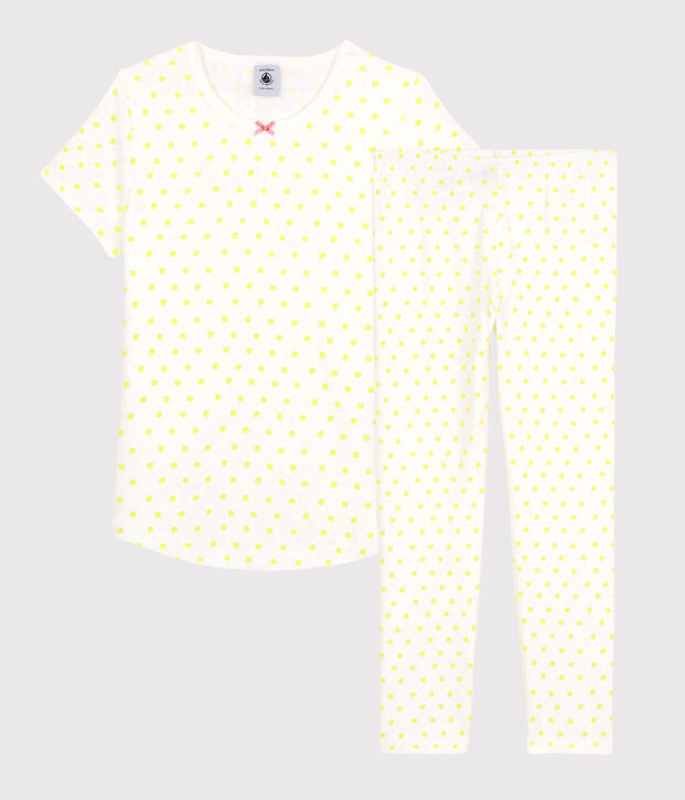 Pigiama a pois gialli bambina in cotone bianco/giallo