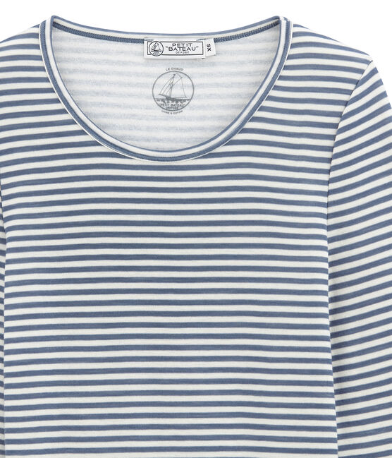 tee-shirt donna maniche lunghe in lana e cotone blu TURQUIN/bianco MARSHMALLOW