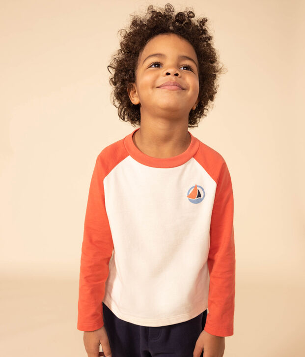T-shirt a maniche lunghe in cotone bambino ecru/arancione