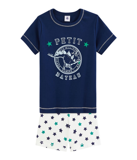 Pigiama corto bambino in lino/cotone blu MEDIEVAL/bianco MULTICO