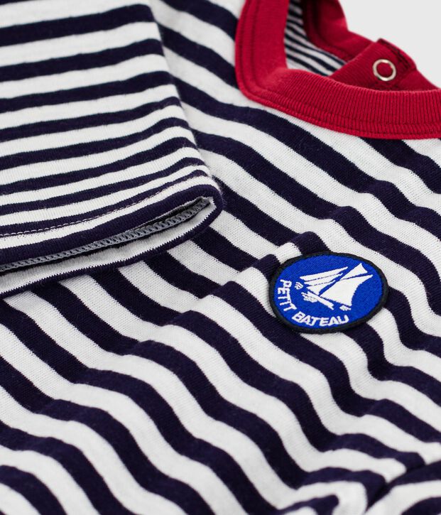 T-shirt a maniche lunghe in cotone a righe neonato blu/ecru