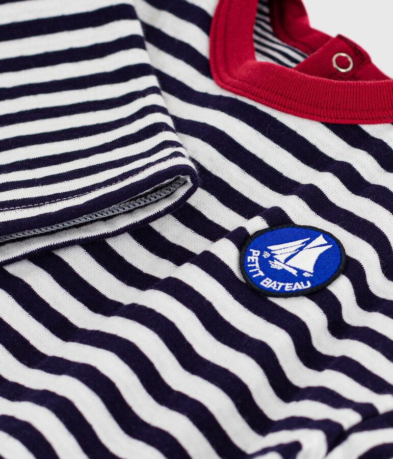 T-shirt a maniche lunghe in cotone a righe neonato blu/ecru