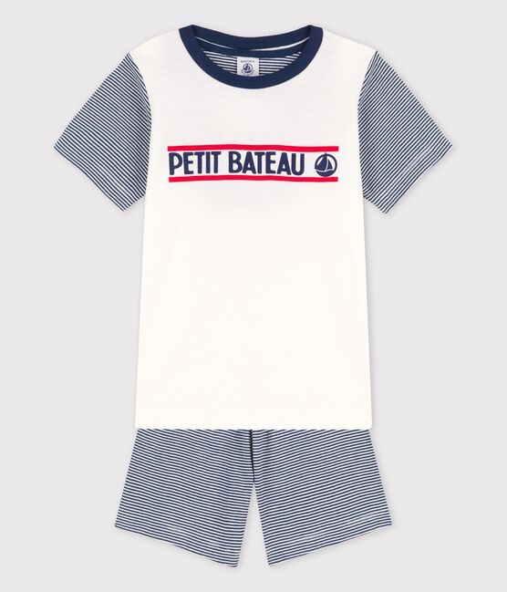 Pigiama corto millerighe blu bambino in cotone bianco MARSHMALLOW/blu MEDIEVAL