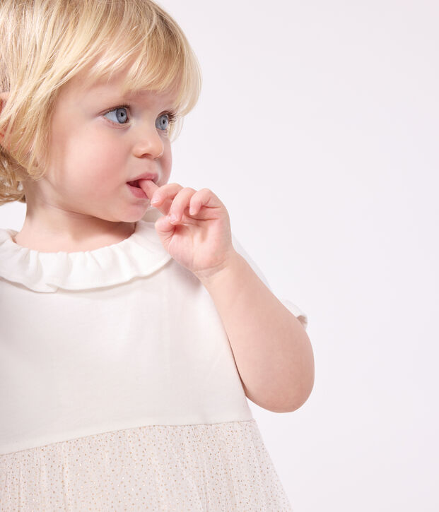 Abito a maniche corte con colletto in cotone e tulle neonato bianco/rosa
