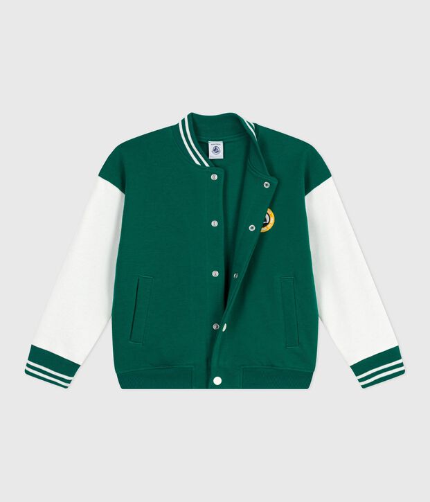 Giacca stile teddy bambino in cotone tinta unita verde/ecru