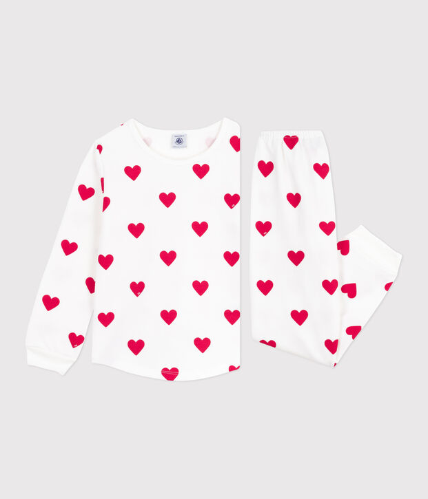 Pigiama bambina in tessuto felpato con stampa a cuori bianco/rosso