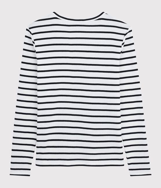 T-shirt scollo a V iconica in cotone a righe Donna bianco MARSHMALLOW/blu SMOKING