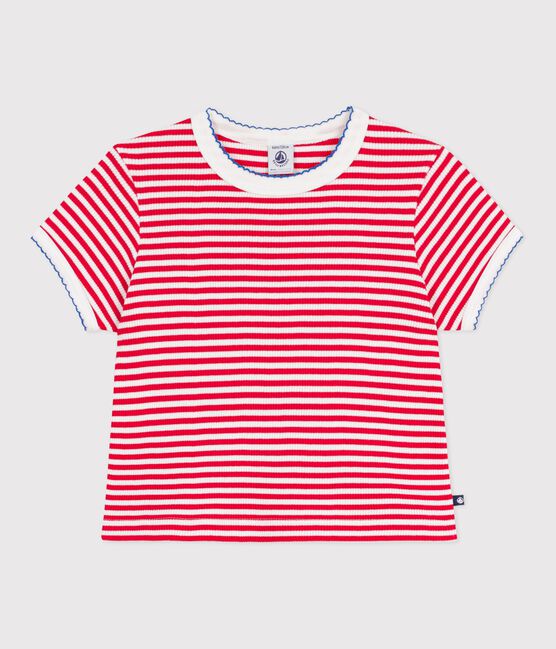 T-shirt a maniche corte in cotone a righe bambino rosso POMPIER/ MARSHMALLOW