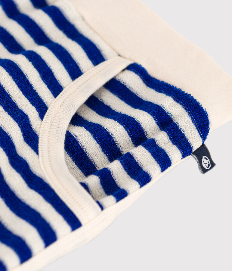 Shorts bambina in spugna bouclette a righe blu/ecru