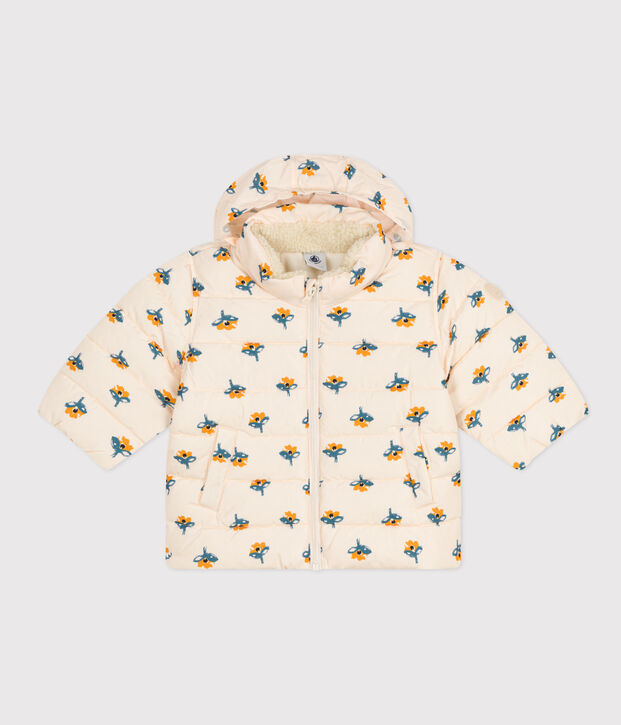 Piumino con stampa e cappuccio ripiegabile per beb&egrave; ecru/multicolore