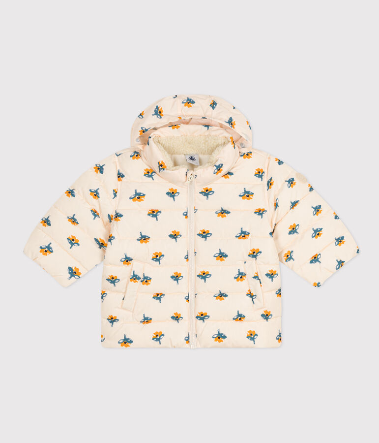 Piumino con stampa e cappuccio ripiegabile per beb&egrave; ecru/multicolore