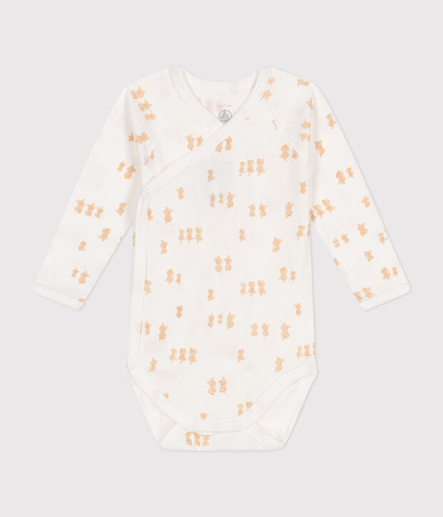 Body incrociato a maniche lunghe in cotone neonato bianco/beige