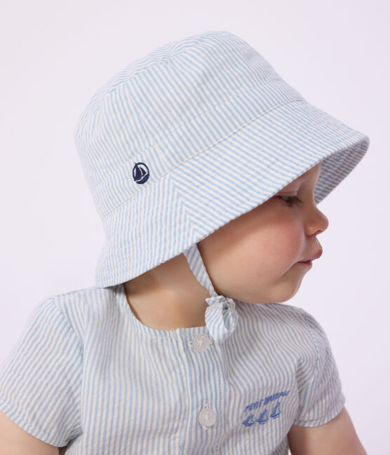 Cappellino in seersucker con laccetti da annodare neonato blu FLO/ MARSHMALLOW
