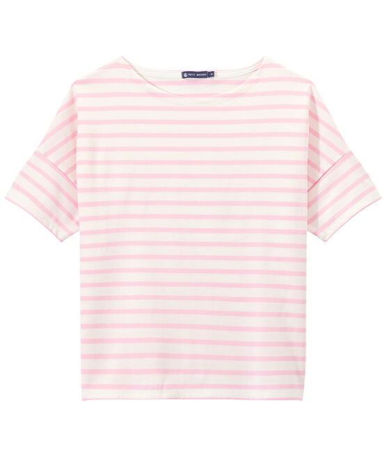 Marinière donna a maniche corte in jersey bianco MARSHMALLOW/rosa BABYLONE