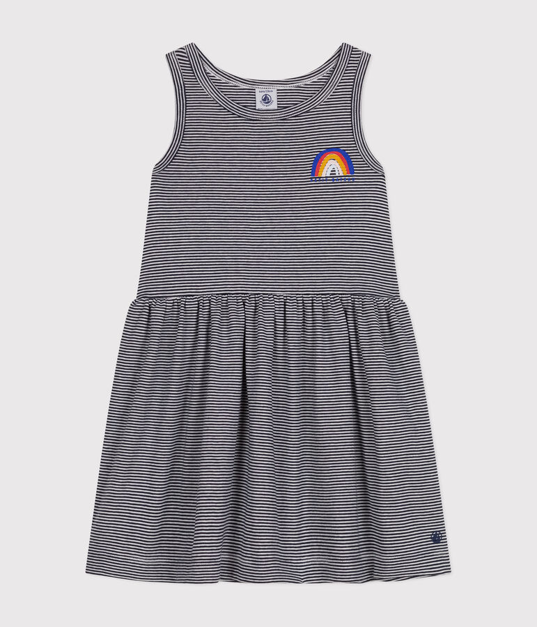 Abito senza maniche in cotone bambina. blu/bianco